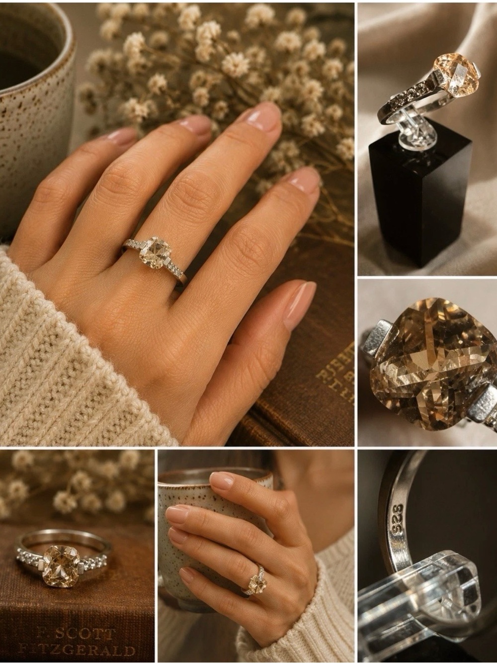Sterling Silver 925 Solitaire Ring Champagne Cushion Cubic Zirconia Size 8.25